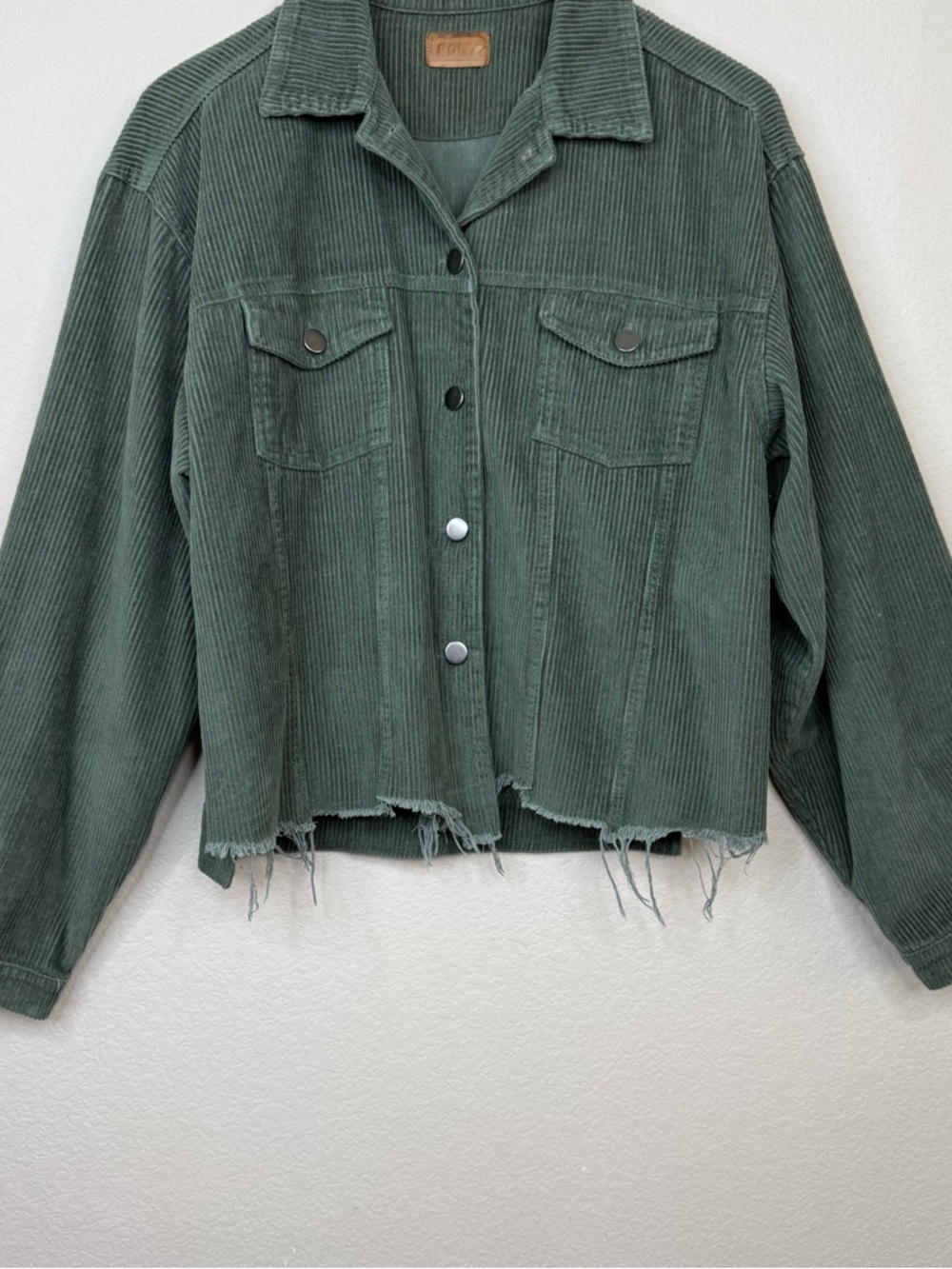 POL Clothing Frayed Hem Corduroy Trucker Green Forest Crop Jacket Sz L - Picture 5 of 14